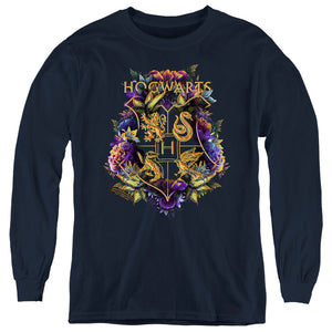 AN OFFCIALLY LICENSED HARRY POTTER HOGWARTS FLORAL CREST YOUTH LONG SLEEVE T-SHIRT NAVY