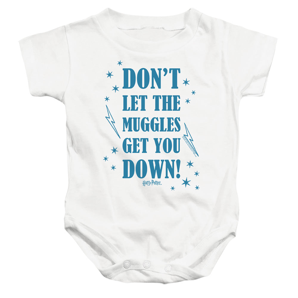 AN OFFCIALLY LICENSED HARRY POTTER MUGGLES 2 BABY BODYSUIT WHITE