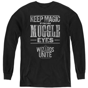AN OFFCIALLY LICENSED HARRY POTTER WIZARDS UNITE HIDDEN MAGIC YOUTH LONG SLEEVE T-SHIRT BLACK
