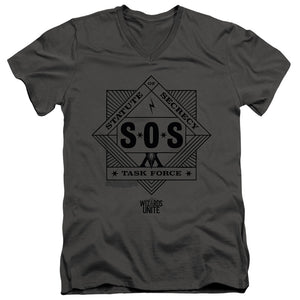 AN OFFCIALLY LICENSED HARRY POTTER WIZARDS UNITE SOS TASK FORCE MEN'S V-NECK T-SHIRT CHARCOAL