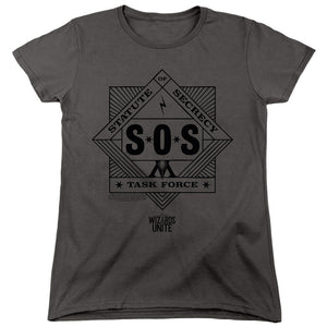 AN OFFCIALLY LICENSED HARRY POTTER WIZARDS UNITE SOS TASK FORCE WOMEN'S REGULAR FIT T-SHIRT CHARCOAL