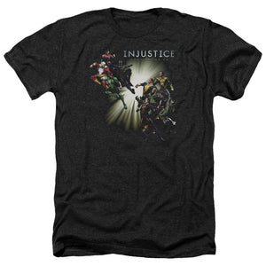 AN OFFCIALLY LICENSED INJUSTICE GODS AMONG US GOOD VS EVIL MEN'S HEATHER T-SHIRT CHARCOAL