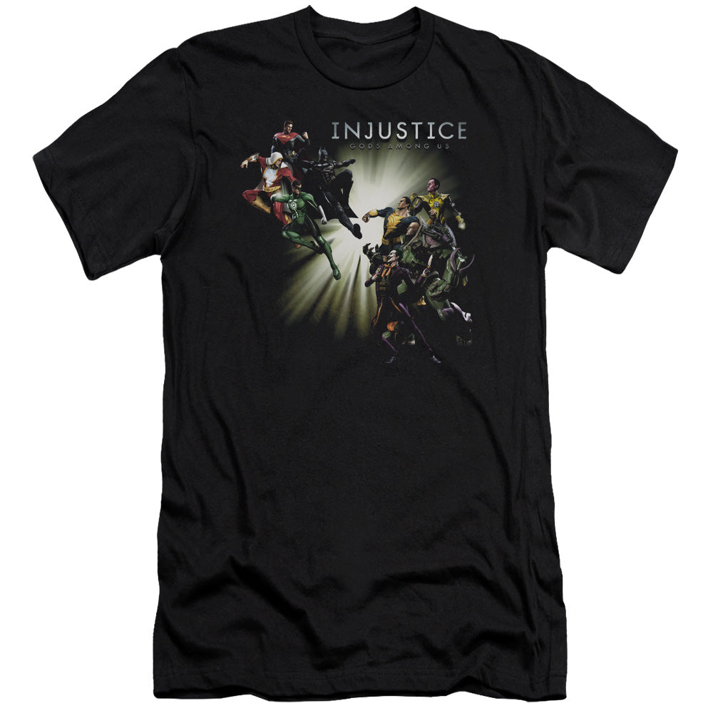 AN OFFCIALLY LICENSED INJUSTICE GODS AMONG US GOOD VS EVIL MEN'S PREMIUM SLIM FIT T-SHIRT BLACK