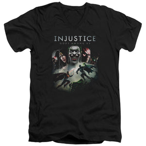 AN OFFCIALLY LICENSED INJUSTICE GODS AMONG US KEY ART MEN'S V-NECK T-SHIRT BLACK