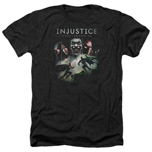 AN OFFCIALLY LICENSED INJUSTICE GODS AMONG US KEY ART MEN'S HEATHER T-SHIRT CHARCOAL