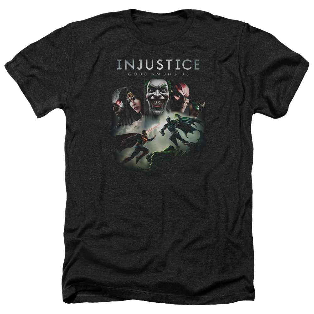 AN OFFCIALLY LICENSED INJUSTICE GODS AMONG US KEY ART MEN'S HEATHER T-SHIRT CHARCOAL
