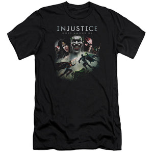 AN OFFCIALLY LICENSED INJUSTICE GODS AMONG US KEY ART MEN'S PREMIUM SLIM FIT T-SHIRT BLACK