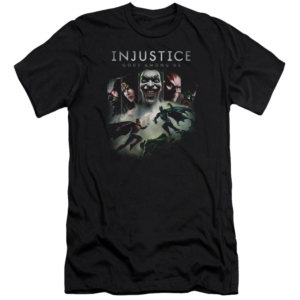 AN OFFCIALLY LICENSED INJUSTICE GODS AMONG US KEY ART MEN'S PREMIUM SLIM FIT T-SHIRT BLACK