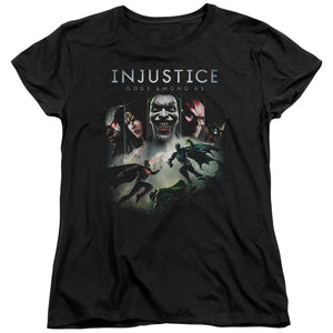 AN OFFCIALLY LICENSED INJUSTICE GODS AMONG US KEY ART WOMEN'S REGULAR FIT T-SHIRT BLACK