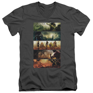 AN OFFCIALLY LICENSED INJUSTICE GODS AMONG US PANELS MEN'S V-NECK T-SHIRT CHARCOAL