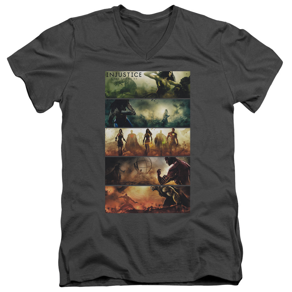 AN OFFCIALLY LICENSED INJUSTICE GODS AMONG US PANELS MEN'S V-NECK T-SHIRT CHARCOAL