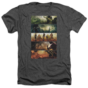 AN OFFCIALLY LICENSED INJUSTICE GODS AMONG US PANELS MEN'S HEATHER T-SHIRT CHARCOAL