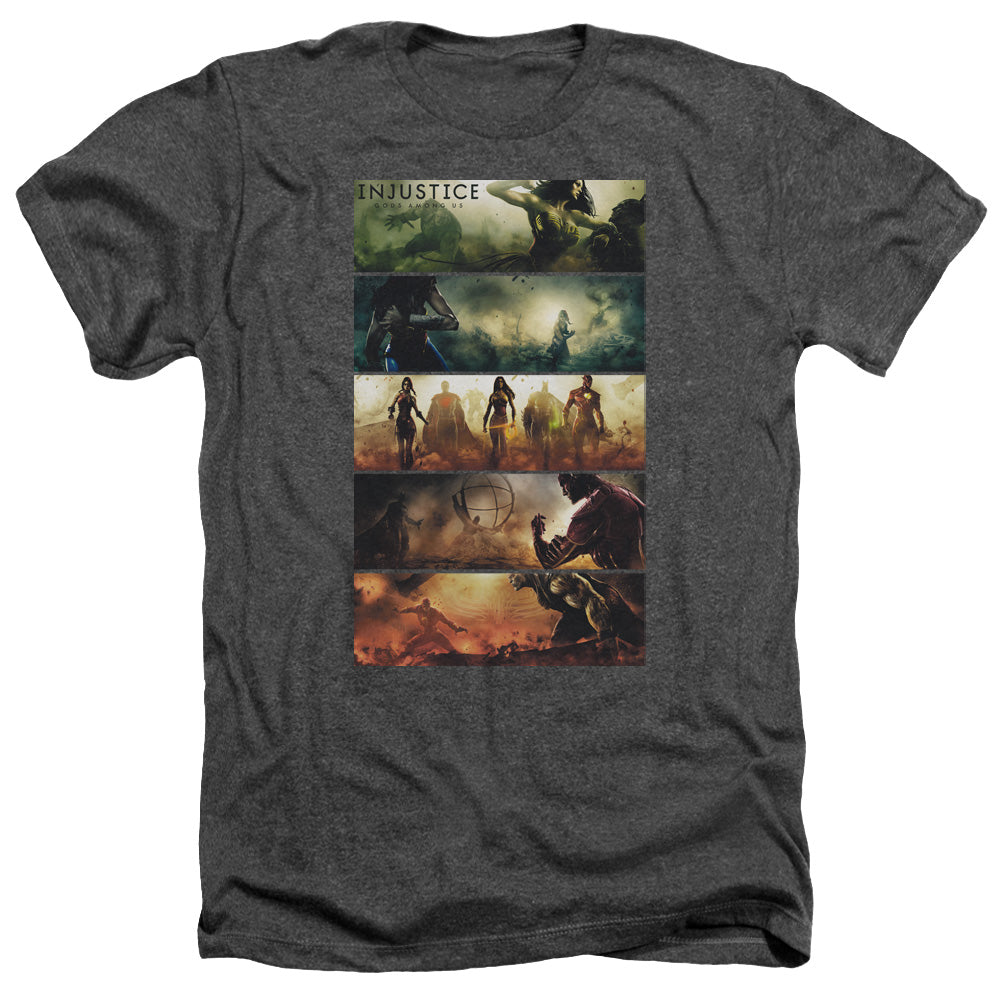 AN OFFCIALLY LICENSED INJUSTICE GODS AMONG US PANELS MEN'S HEATHER T-SHIRT CHARCOAL