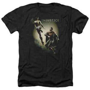 AN OFFCIALLY LICENSED INJUSTICE GODS AMONG US BATTLE OF THE GODS MEN'S HEATHER T-SHIRT CHARCOAL
