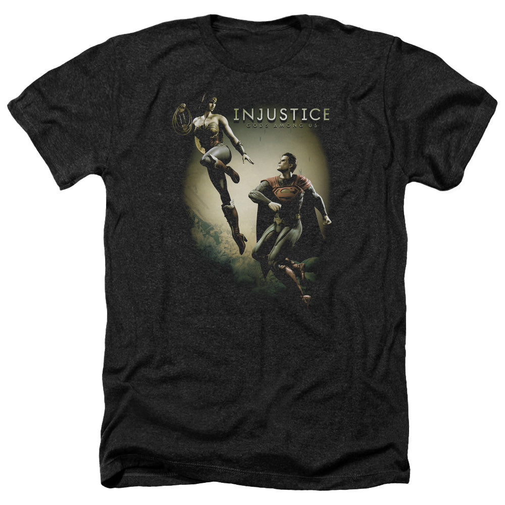 AN OFFCIALLY LICENSED INJUSTICE GODS AMONG US BATTLE OF THE GODS MEN'S HEATHER T-SHIRT CHARCOAL