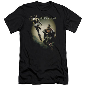 AN OFFCIALLY LICENSED INJUSTICE GODS AMONG US BATTLE OF THE GODS MEN'S PREMIUM SLIM FIT T-SHIRT BLACK