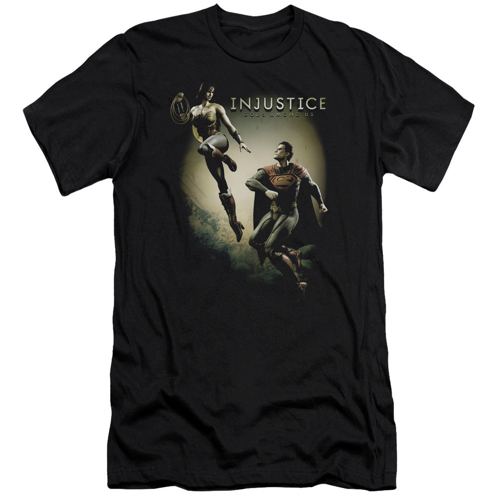 AN OFFCIALLY LICENSED INJUSTICE GODS AMONG US BATTLE OF THE GODS MEN'S PREMIUM SLIM FIT T-SHIRT BLACK