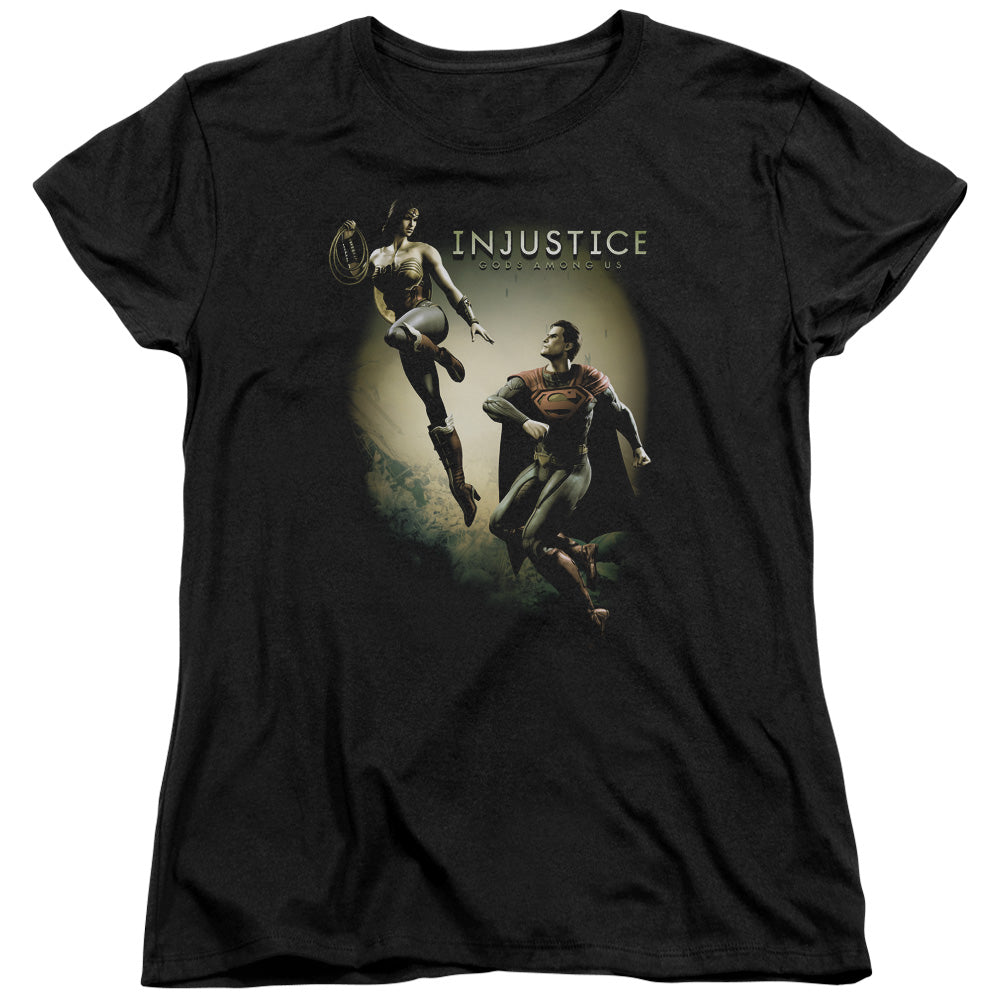 AN OFFCIALLY LICENSED INJUSTICE GODS AMONG US BATTLE OF THE GODS WOMEN'S REGULAR FIT T-SHIRT BLACK