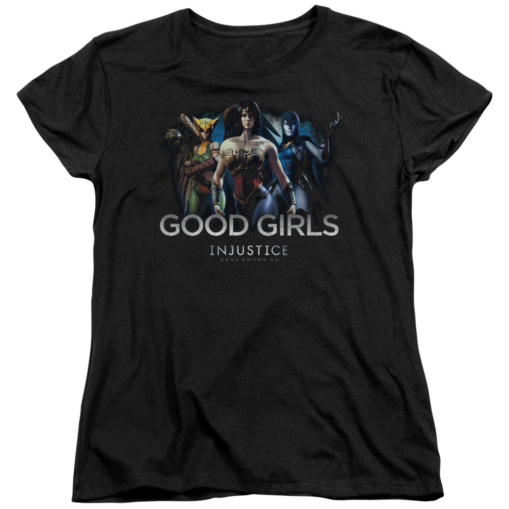 AN OFFCIALLY LICENSED INJUSTICE GODS AMONG US GOOD GIRLS WOMEN'S REGULAR FIT T-SHIRT BLACK