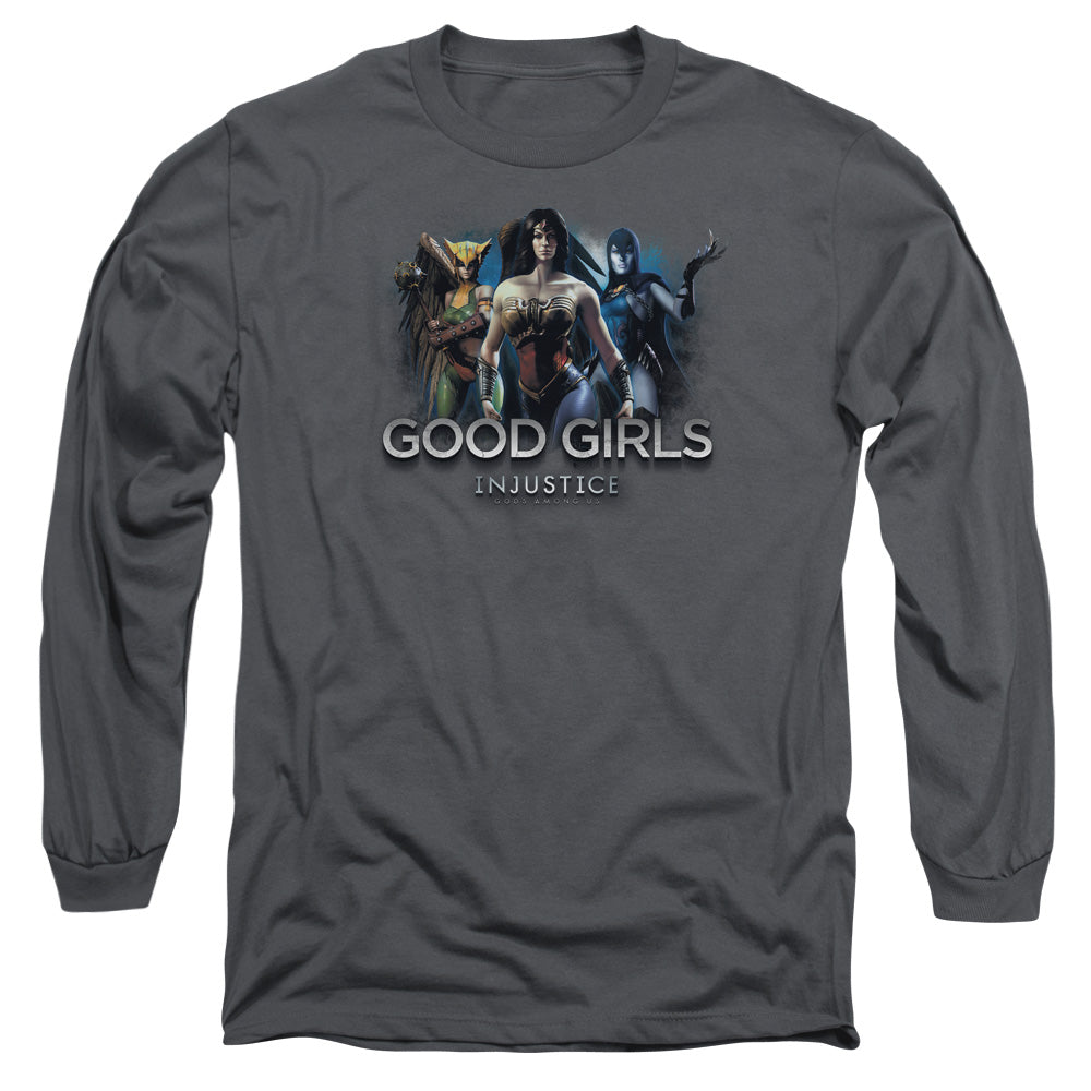 AN OFFCIALLY LICENSED INJUSTICE GODS AMONG US GOOD GIRLS MEN'S LONG SLEEVE T-SHIRT CHARCOAL