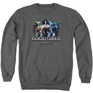 AN OFFCIALLY LICENSED INJUSTICE GODS AMONG US GOOD GIRLS ADULT UNISEX CREWNECK SWEATSHIRT CHARCOAL