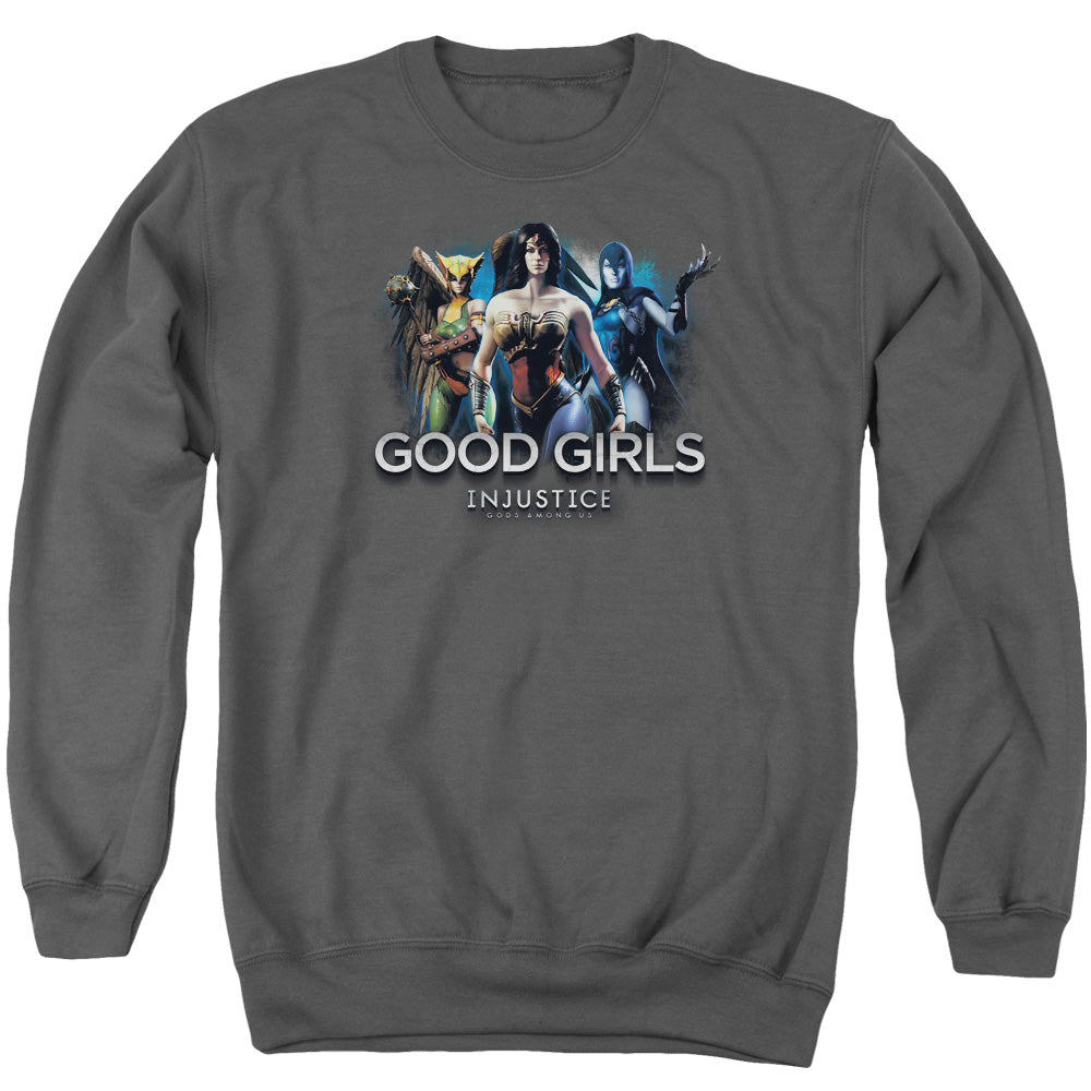 AN OFFCIALLY LICENSED INJUSTICE GODS AMONG US GOOD GIRLS ADULT UNISEX CREWNECK SWEATSHIRT CHARCOAL