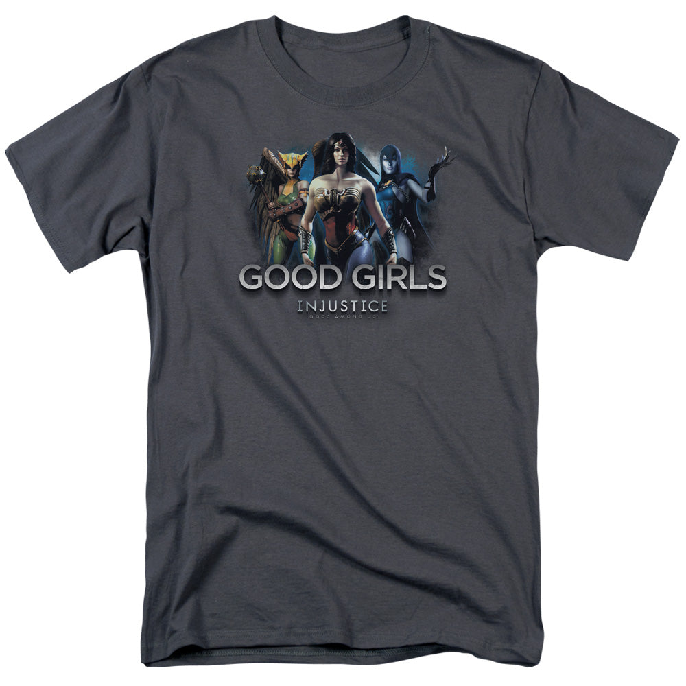 AN OFFCIALLY LICENSED INJUSTICE GODS AMONG US GOOD GIRLS MEN'S REGULAR FIT T-SHIRT CHARCOAL