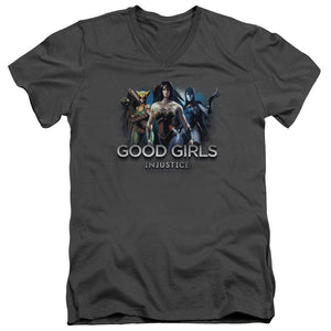 AN OFFCIALLY LICENSED INJUSTICE GODS AMONG US GOOD GIRLS MEN'S V-NECK T-SHIRT CHARCOAL