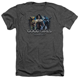 AN OFFCIALLY LICENSED INJUSTICE GODS AMONG US GOOD GIRLS MEN'S HEATHER T-SHIRT CHARCOAL