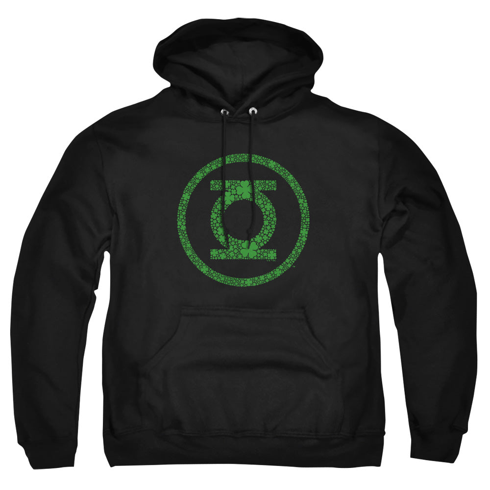 AN OFFCIALLY LICENSED GREEN LANTERN ST. PATRICK'S DAY SHAMROCK LOGO ADULT UNISEX PULLOVER HOODIE BLACK