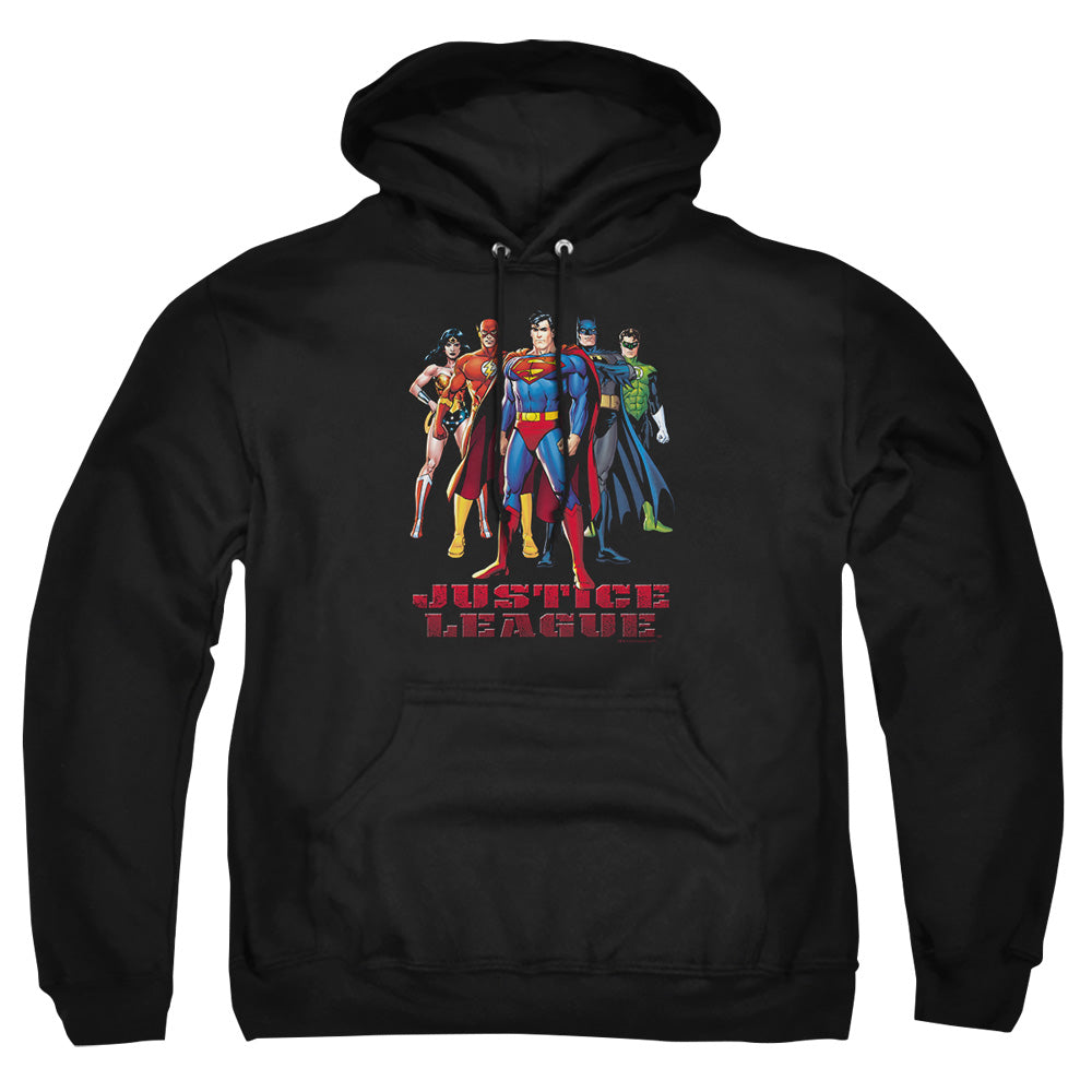 AN OFFCIALLY LICENSED JLA IN LEAGUE ADULT UNISEX PULLOVER HOODIE BLACK