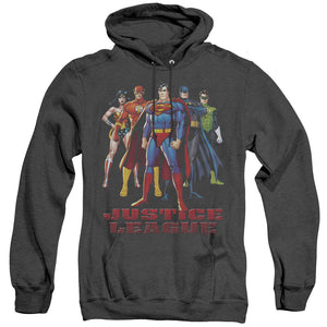 AN OFFCIALLY LICENSED JLA IN LEAGUE ADULT UNISEX HEATHER PULLOVER HOODIE BLACK