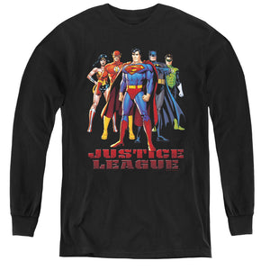 AN OFFCIALLY LICENSED JLA IN LEAGUE YOUTH LONG SLEEVE T-SHIRT BLACK