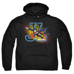 AN OFFCIALLY LICENSED JLA HEROES UNITED ADULT UNISEX PULLOVER HOODIE BLACK