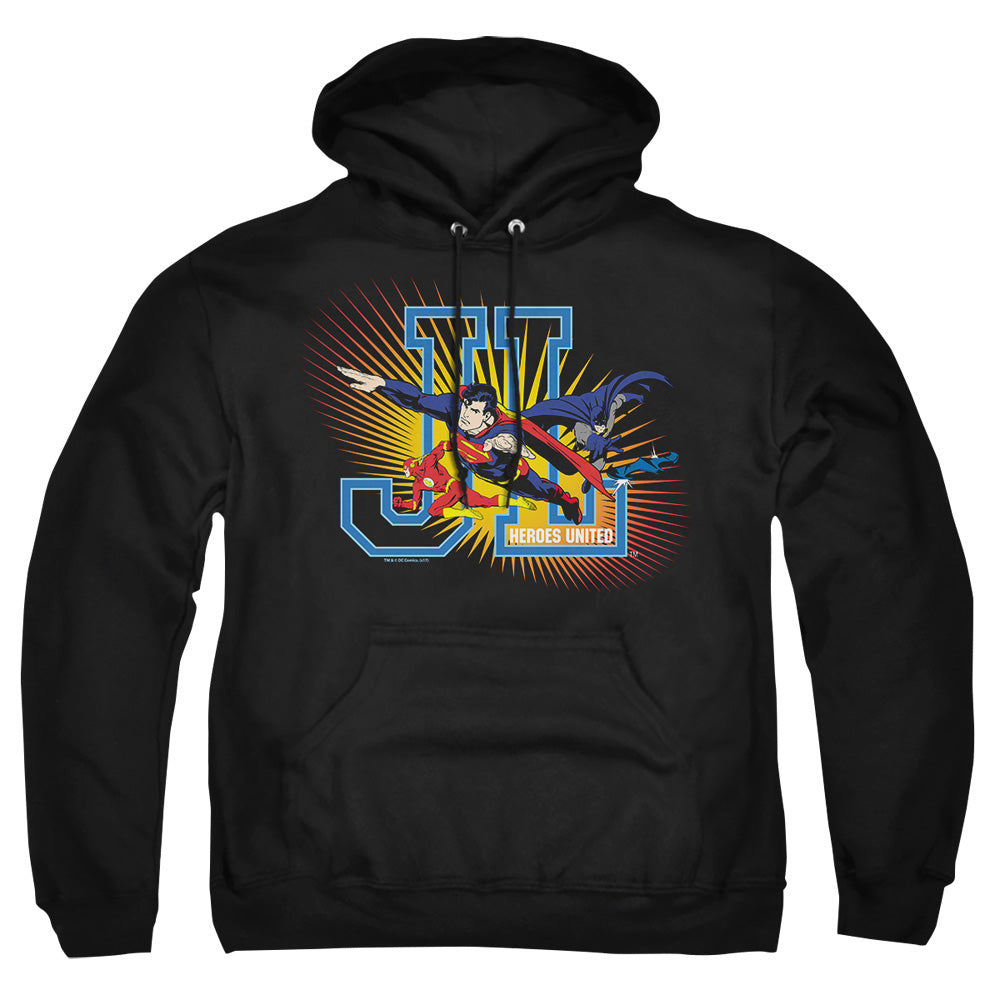 AN OFFCIALLY LICENSED JLA HEROES UNITED ADULT UNISEX PULLOVER HOODIE BLACK