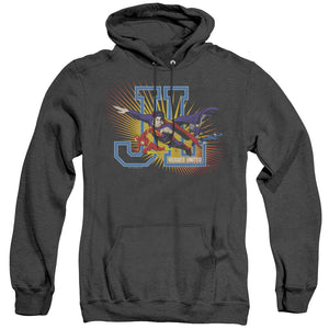AN OFFCIALLY LICENSED JLA HEROES UNITED ADULT UNISEX HEATHER PULLOVER HOODIE BLACK