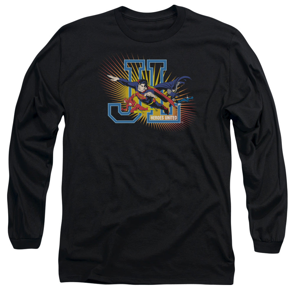 AN OFFCIALLY LICENSED JLA HEROES UNITED MEN'S LONG SLEEVE T-SHIRT BLACK