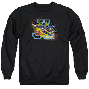 AN OFFCIALLY LICENSED JLA HEROES UNITED ADULT UNISEX CREWNECK SWEATSHIRT BLACK