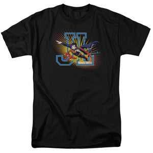 AN OFFCIALLY LICENSED JLA HEROES UNITED MEN'S REGULAR FIT T-SHIRT BLACK