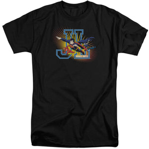 AN OFFCIALLY LICENSED JLA HEROES UNITED MEN'S TALL FIT T-SHIRT BLACK
