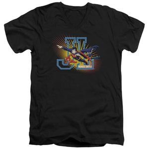 AN OFFCIALLY LICENSED JLA HEROES UNITED MEN'S V-NECK T-SHIRT BLACK