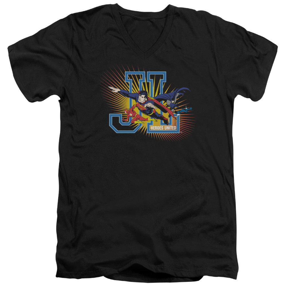 AN OFFCIALLY LICENSED JLA HEROES UNITED MEN'S V-NECK T-SHIRT BLACK