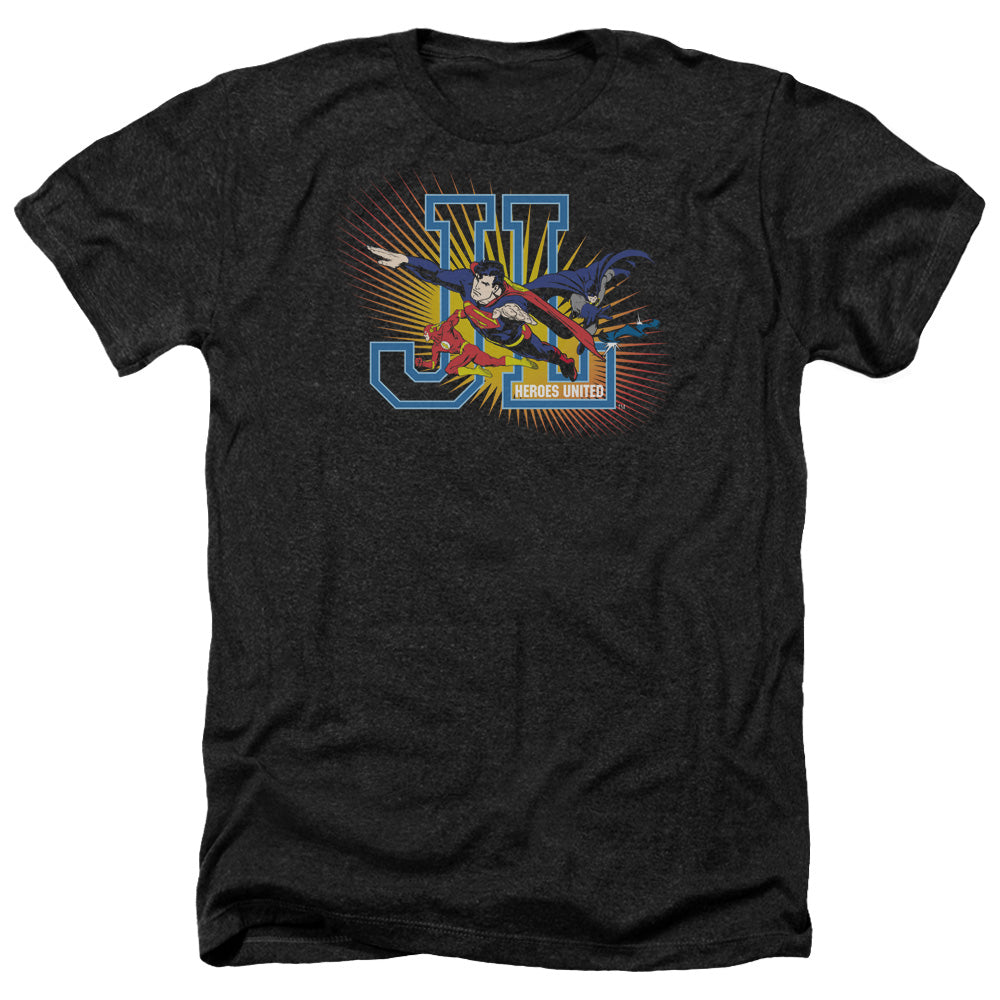 AN OFFCIALLY LICENSED JLA HEROES UNITED MEN'S HEATHER T-SHIRT CHARCOAL