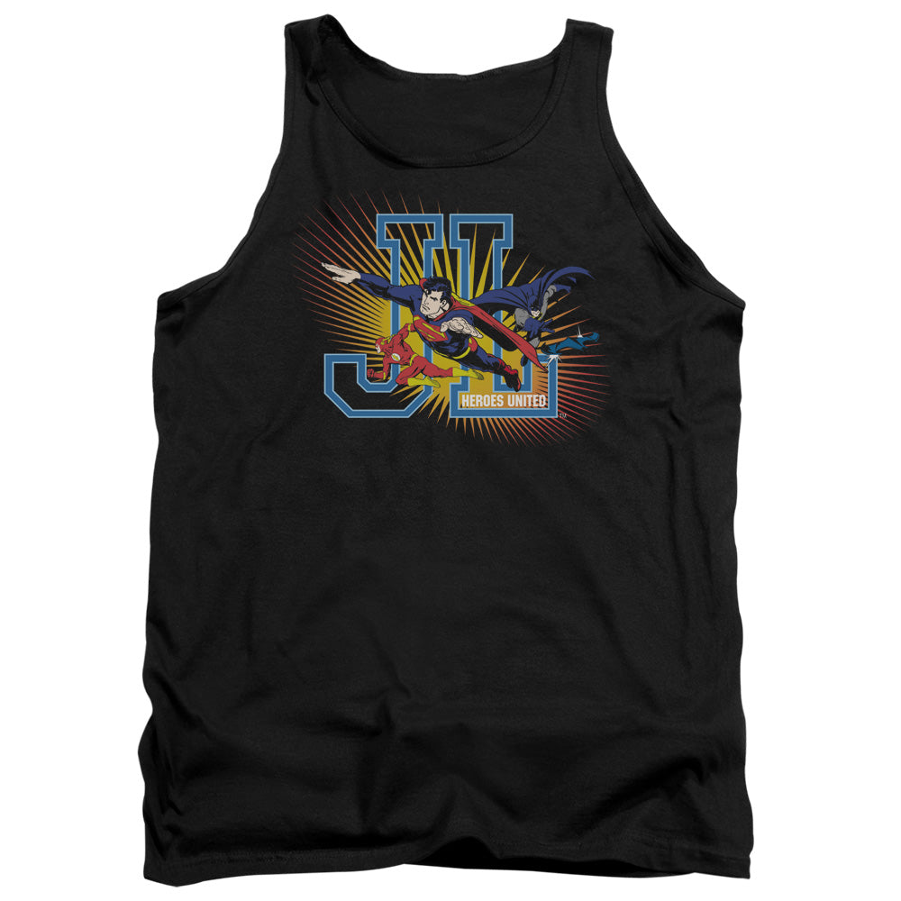 AN OFFCIALLY LICENSED JLA HEROES UNITED ADULT UNISEX TANK TOP BLACK