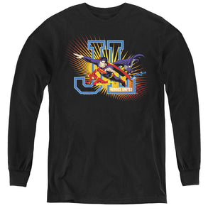 AN OFFCIALLY LICENSED JLA HEROES UNITED YOUTH LONG SLEEVE T-SHIRT BLACK