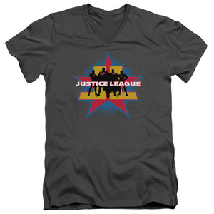 AN OFFCIALLY LICENSED JLA STAND TALL MEN'S V-NECK T-SHIRT CHARCOAL