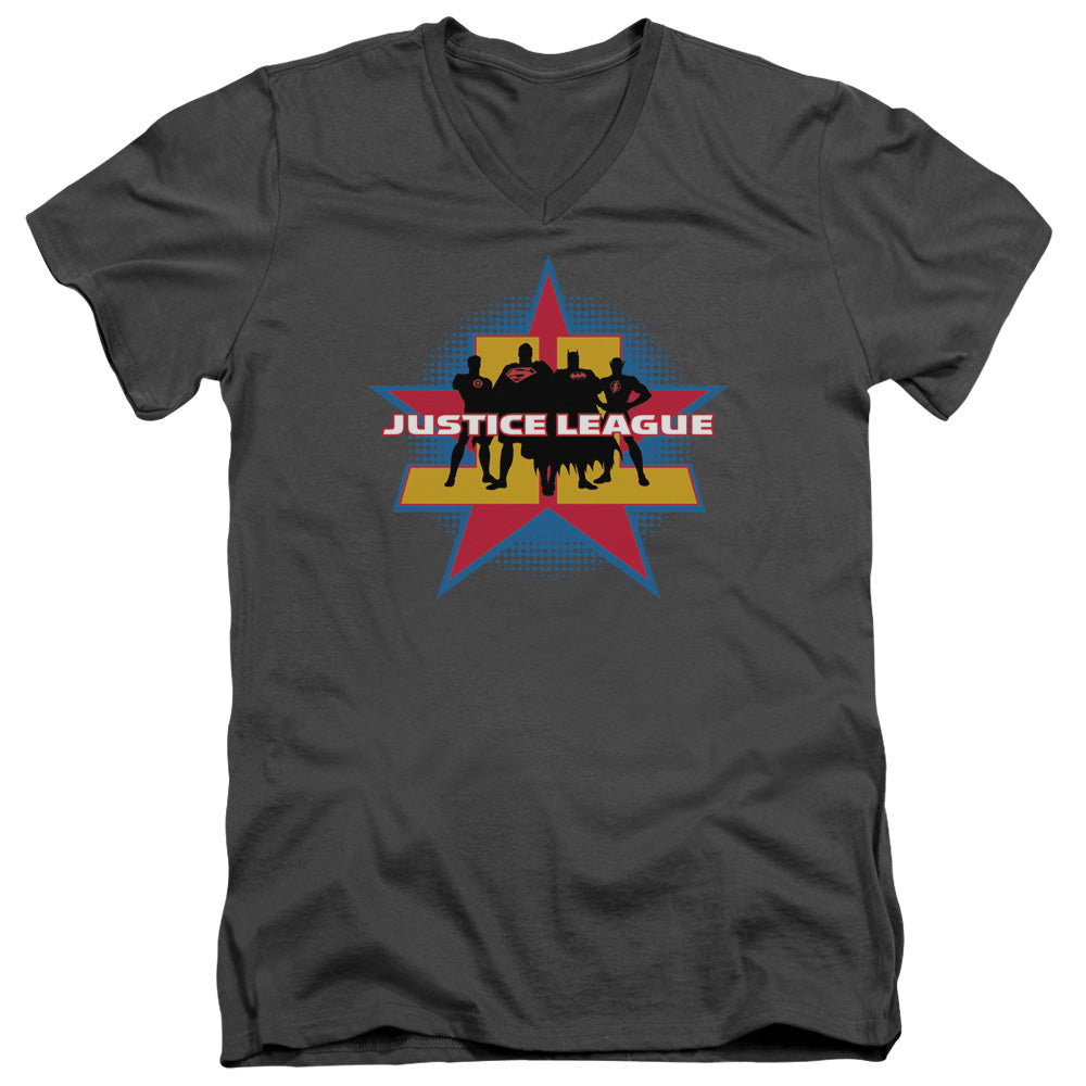 AN OFFCIALLY LICENSED JLA STAND TALL MEN'S V-NECK T-SHIRT CHARCOAL