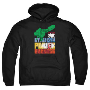 AN OFFCIALLY LICENSED JLA HEROIC QUALITIES ADULT UNISEX PULLOVER HOODIE BLACK