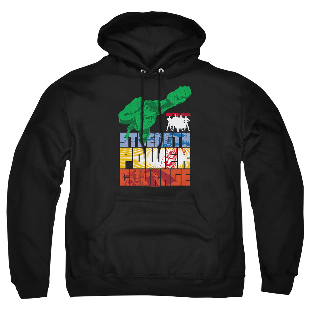 AN OFFCIALLY LICENSED JLA HEROIC QUALITIES ADULT UNISEX PULLOVER HOODIE BLACK