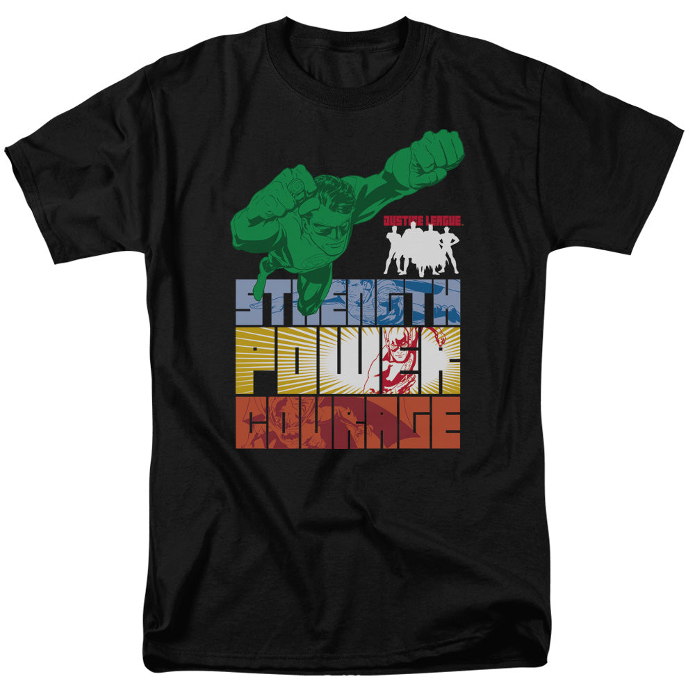 AN OFFCIALLY LICENSED JLA HEROIC QUALITIES MEN'S REGULAR FIT T-SHIRT BLACK